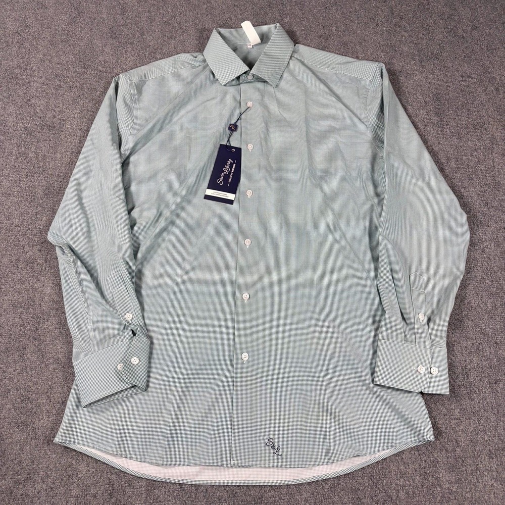 State & Liberty Shirt Men 2XL Green Houndstooth Kane Button Up 4 Way Stretch NEW